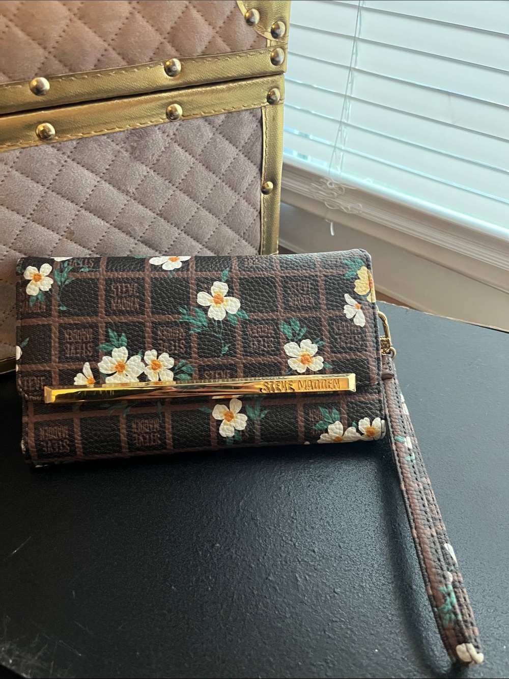 Steve Madden Brown Floral Wristlet with Gold Accent